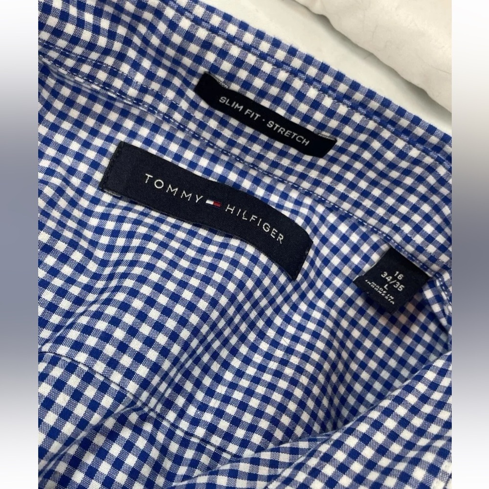Tommy‎ Hilfiger Shirt Mens L 16 34 36 Slim Long Sleeve Button Down Blue Gingham